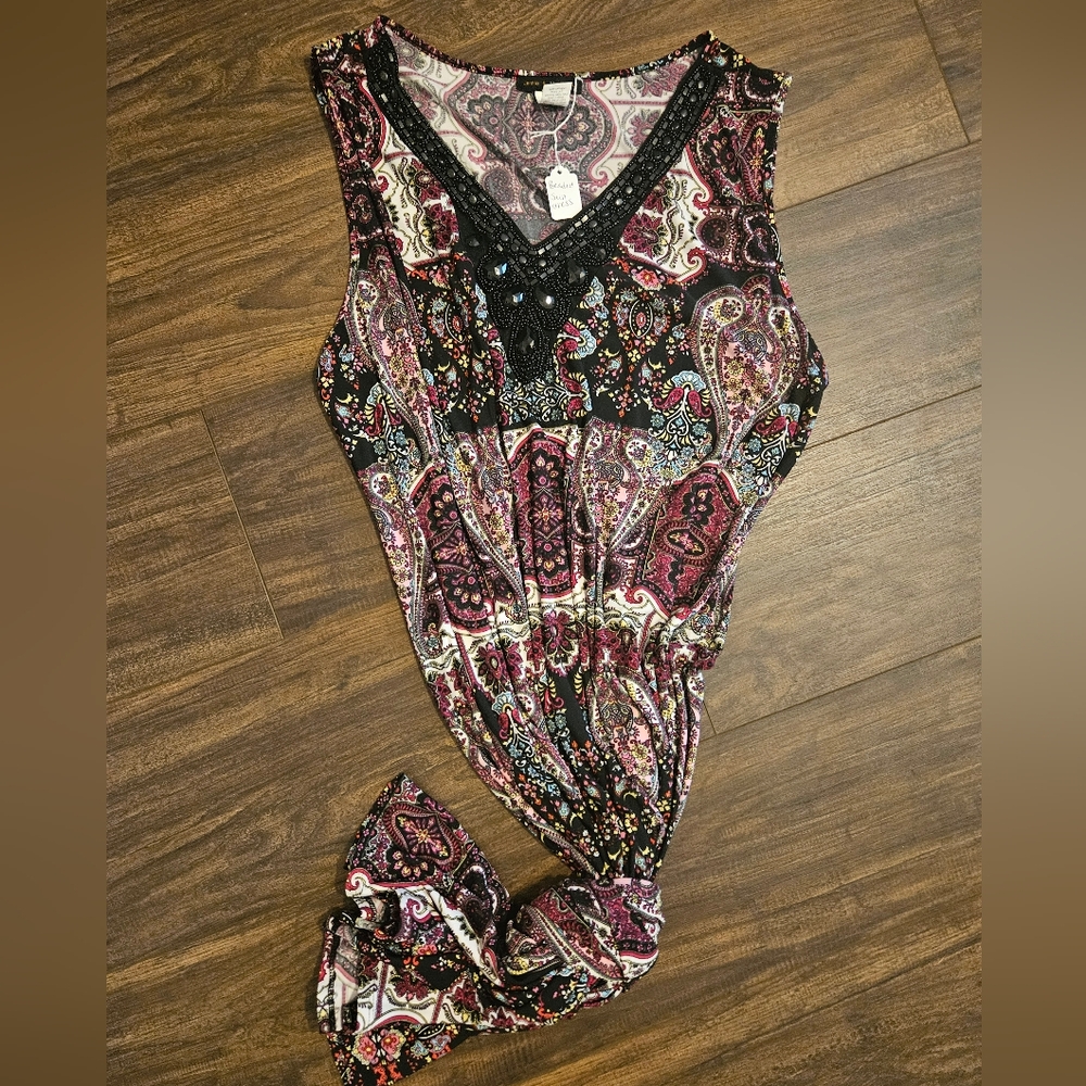 Paisley Print Dress with Black Lace Detail